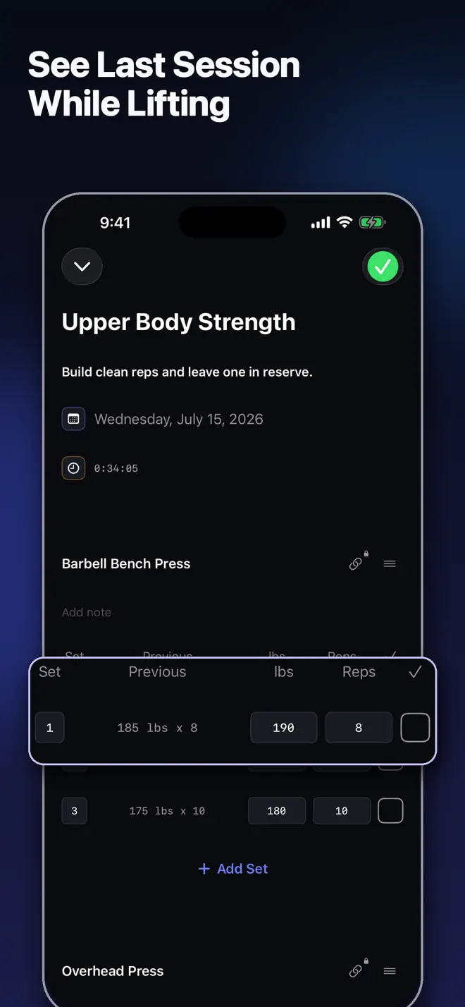 Workout screen with last session's numbers beside each set