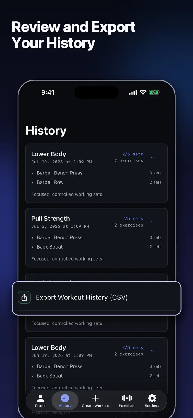 Workout history with the Export Workout History (CSV) option